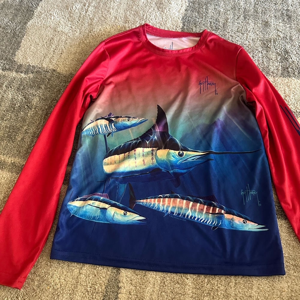 Guy Harvey Red and Blue Fish Print Long Sleeve Shirt